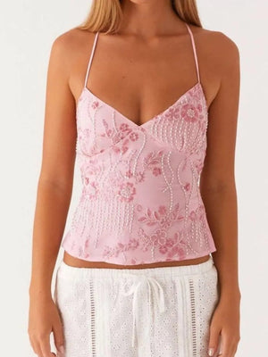 Embroidered Sequin Tie Back Cami - StyleLure