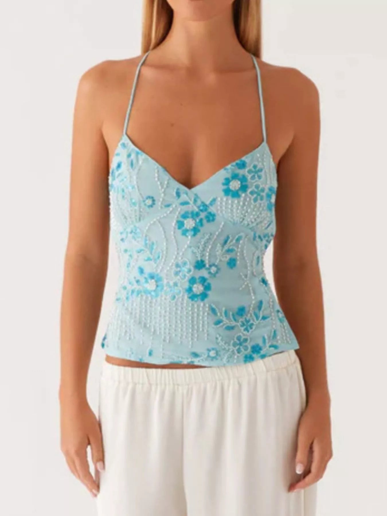 Embroidered Sequin Tie Back Cami - StyleLure