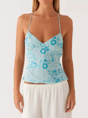 Embroidered Sequin Tie Back Cami - StyleLure