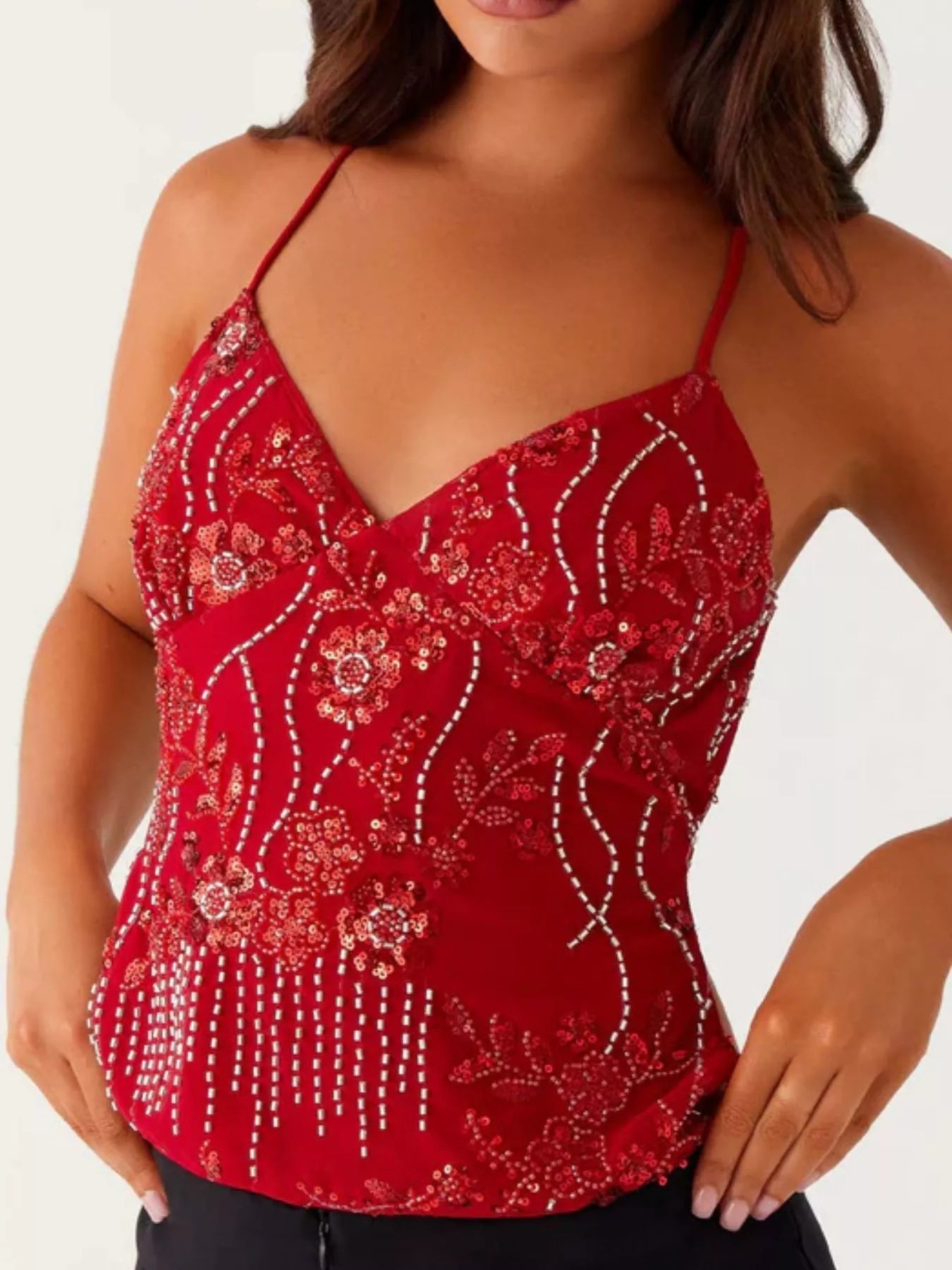 Embroidered Sequin Tie Back Cami - StyleLure