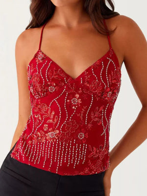 Embroidered Sequin Tie Back Cami - StyleLure