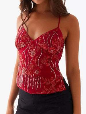 Embroidered Sequin Tie Back Cami - StyleLure