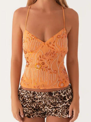 Embroidered Sequin Tie Back Cami - StyleLure