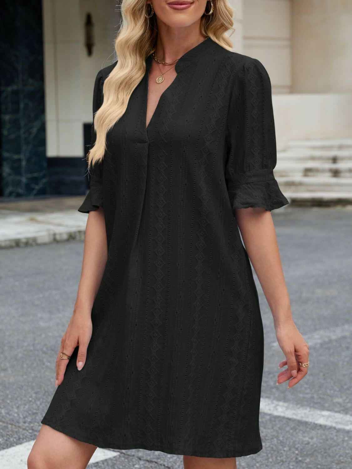 Eyelet Flounce Sleeve Mini Dress - StyleLure