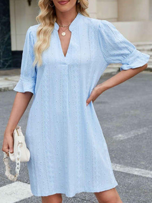 Eyelet Flounce Sleeve Mini Dress - StyleLure