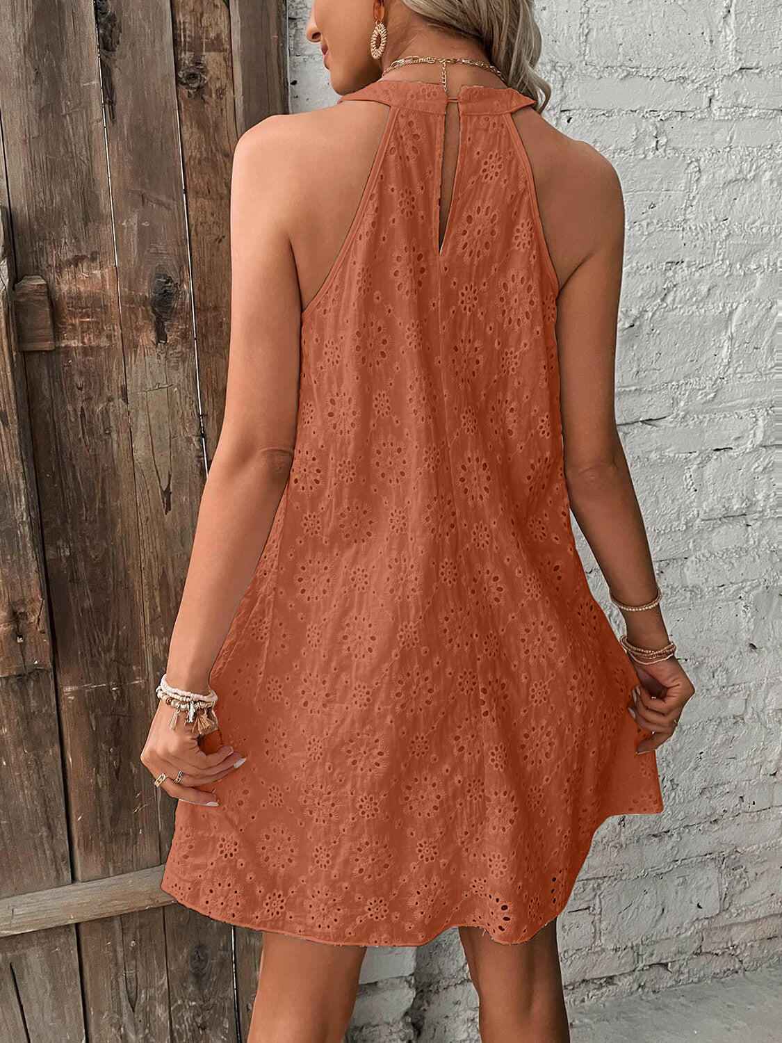Eyelet Grecian Neck Mini Dress - StyleLure