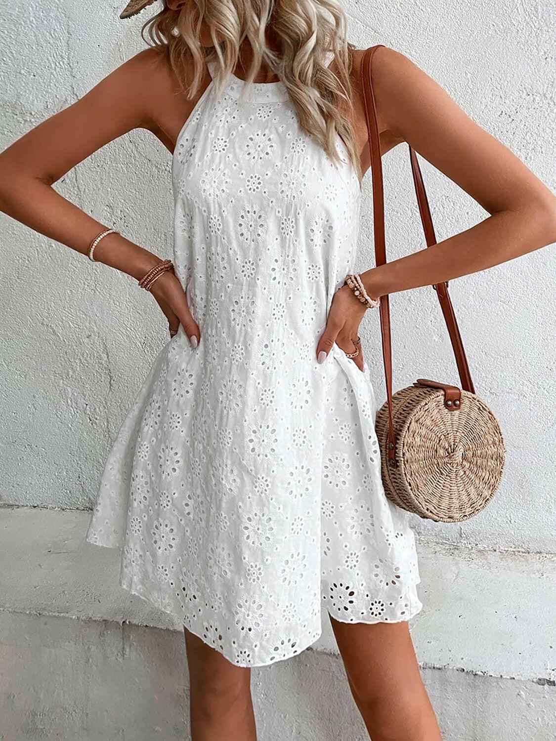 Eyelet Grecian Neck Mini Dress - StyleLure