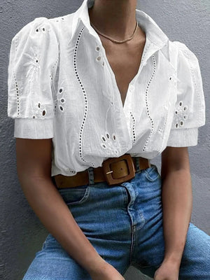 Eyelet Puff Sleeve Button - Up Shirt - StyleLure