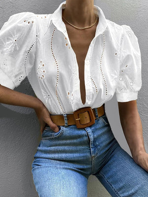Eyelet Puff Sleeve Button - Up Shirt - StyleLure
