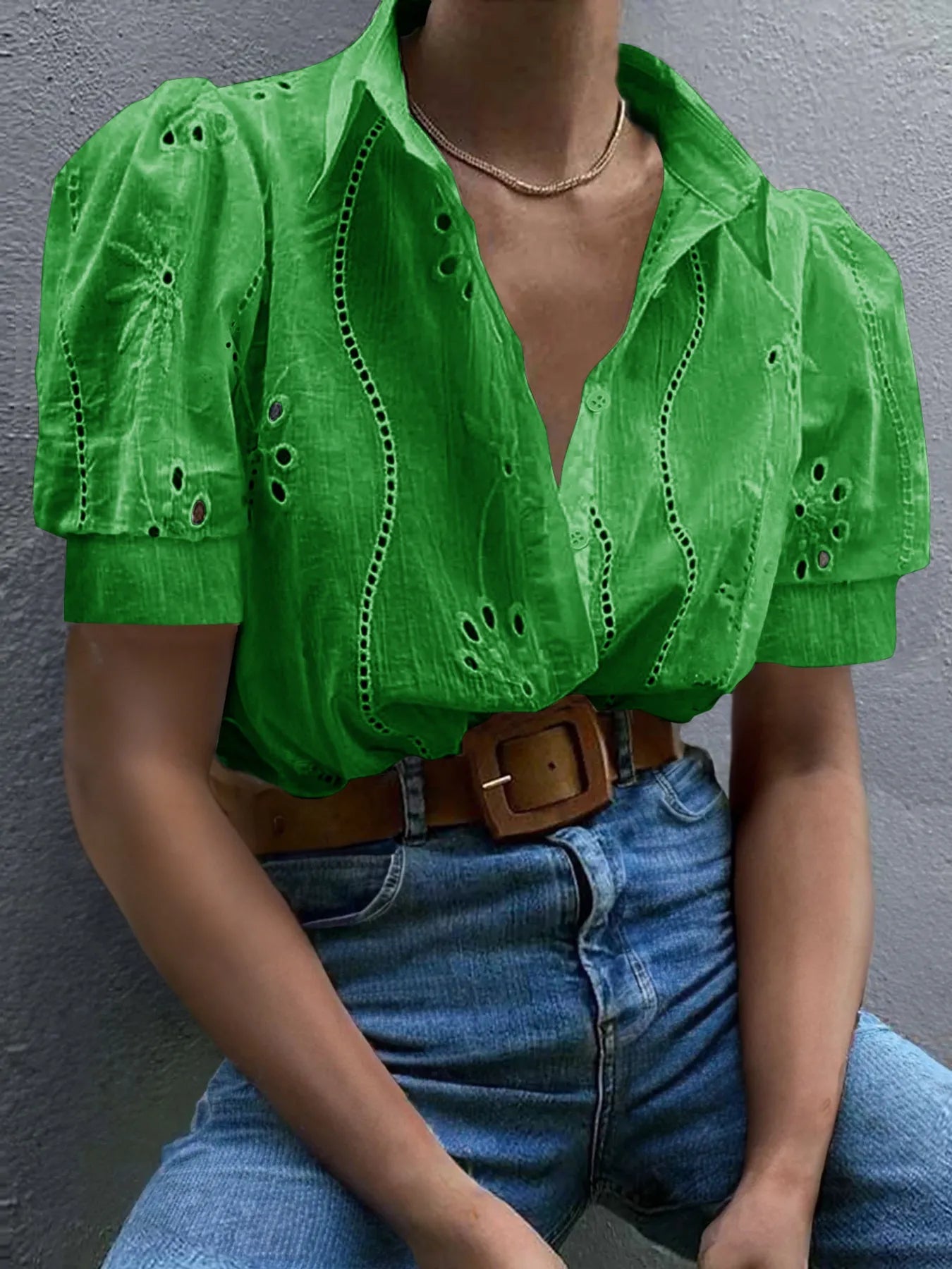 Eyelet Puff Sleeve Button - Up Shirt - StyleLure