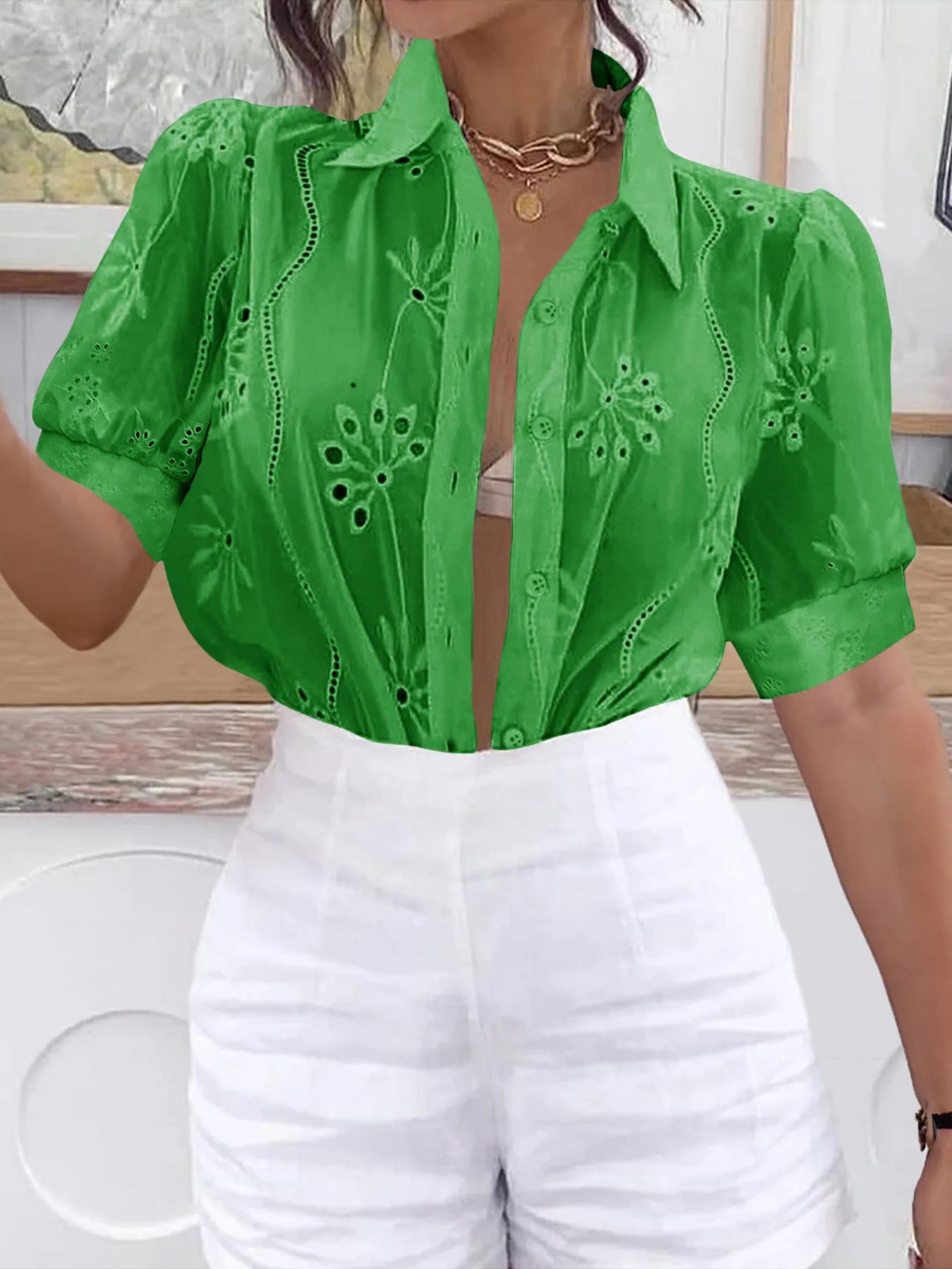 Eyelet Puff Sleeve Button - Up Shirt - StyleLure