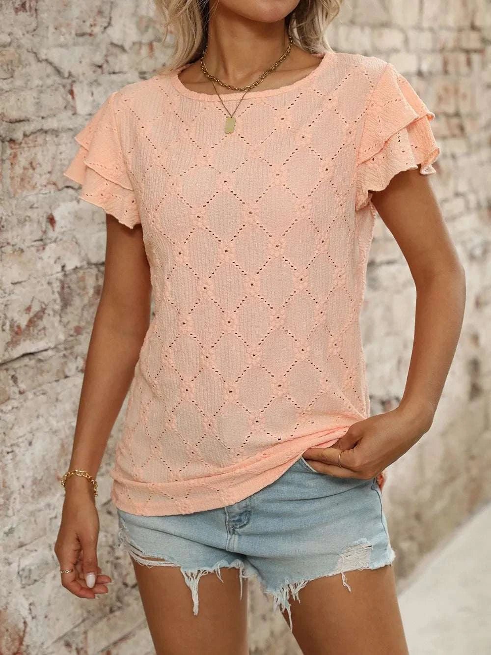 Eyelet Round Neck Double Layered Ruffled Short Sleeve Top - StyleLure