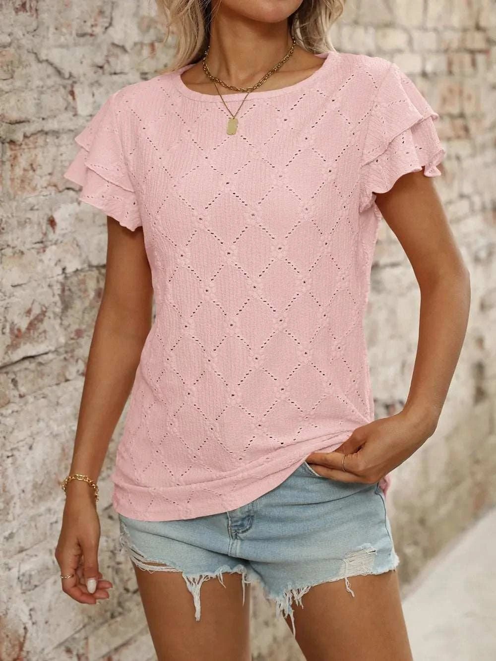Eyelet Round Neck Double Layered Ruffled Short Sleeve Top - StyleLure