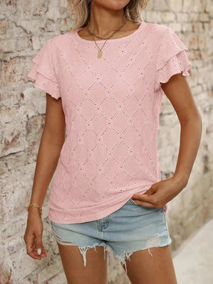 Eyelet Round Neck Double Layered Ruffled Short Sleeve Top - StyleLure
