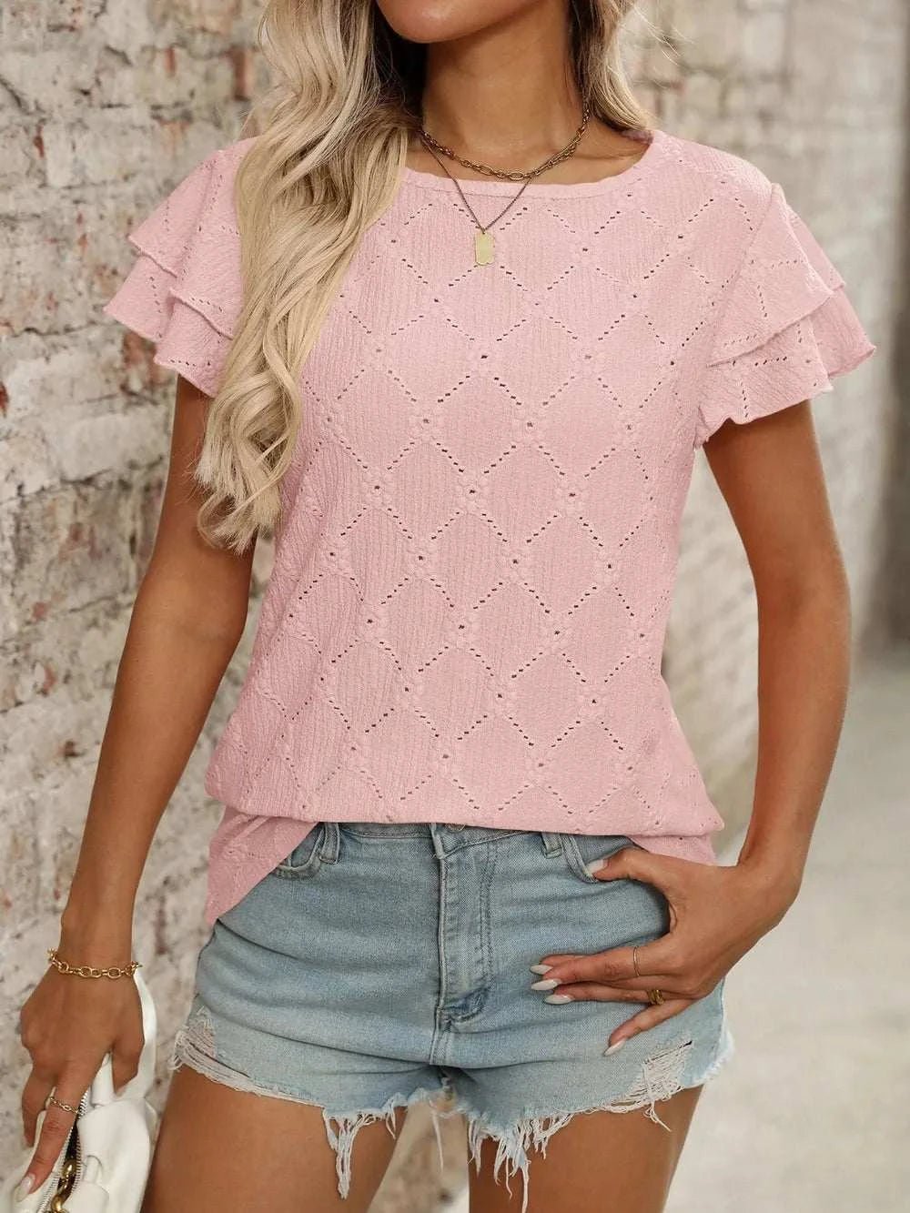 Eyelet Round Neck Double Layered Ruffled Short Sleeve Top - StyleLure