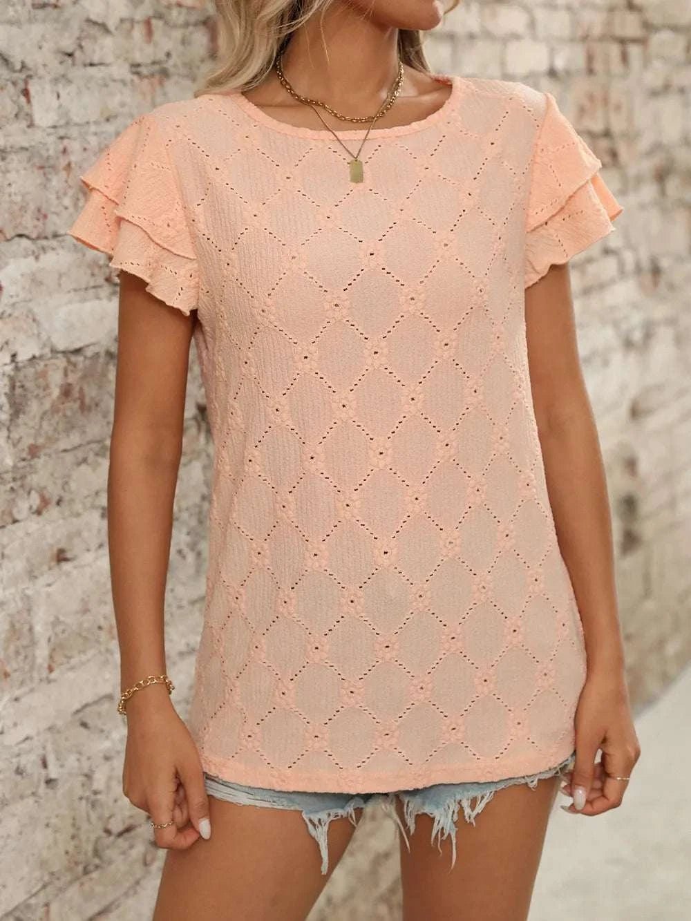Eyelet Round Neck Double Layered Ruffled Short Sleeve Top - StyleLure