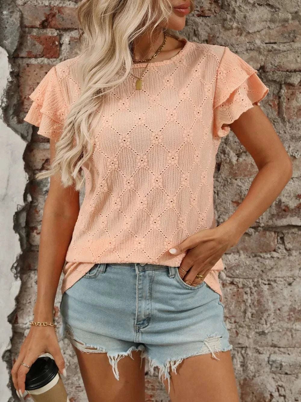 Eyelet Round Neck Double Layered Ruffled Short Sleeve Top - StyleLure