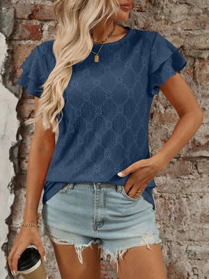 Eyelet Round Neck Double Layered Ruffled Short Sleeve Top - StyleLure