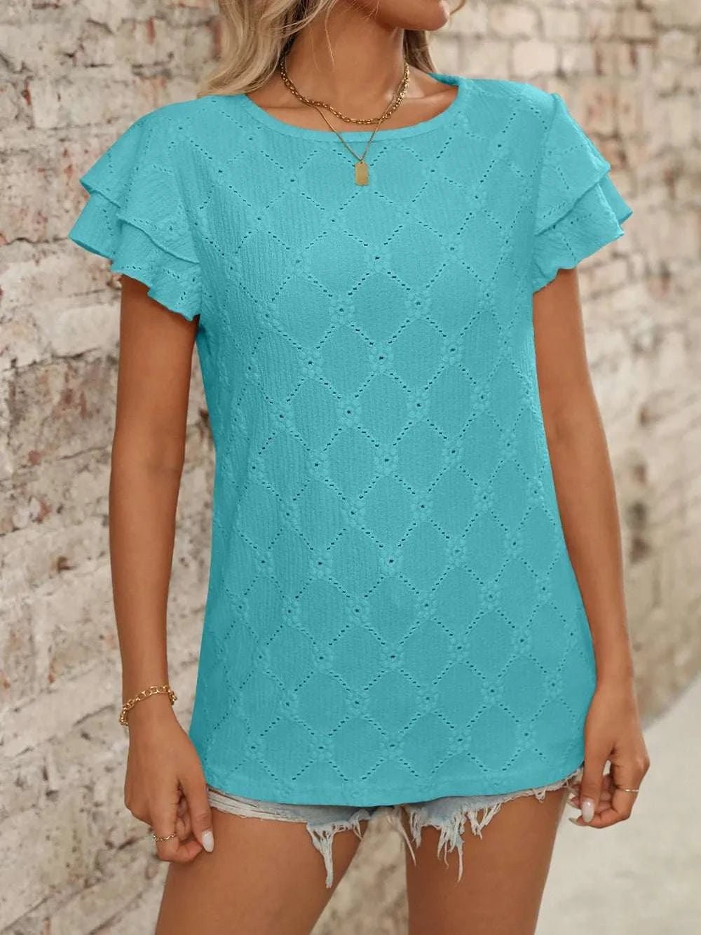 Eyelet Round Neck Double Layered Ruffled Short Sleeve Top - StyleLure
