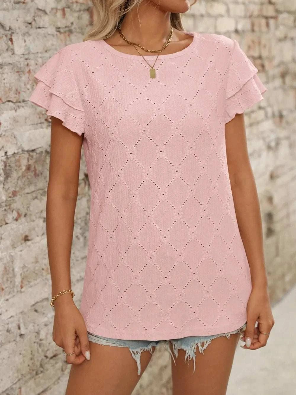 Eyelet Round Neck Double Layered Ruffled Short Sleeve Top - StyleLure