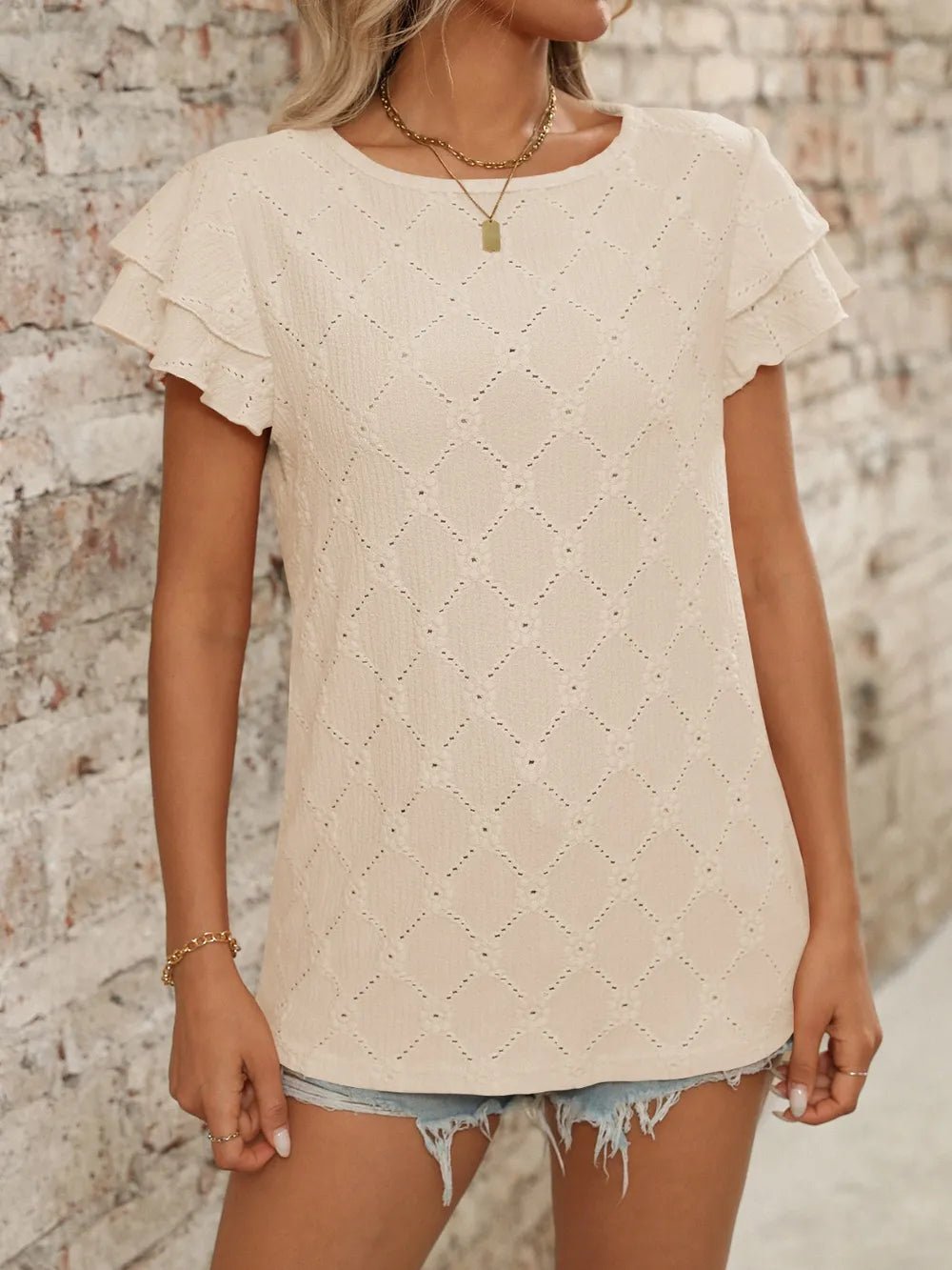Eyelet Round Neck Double Layered Ruffled Short Sleeve Top - StyleLure