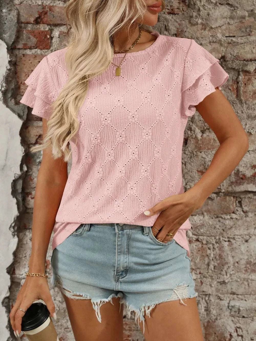 Eyelet Round Neck Double Layered Ruffled Short Sleeve Top - StyleLure