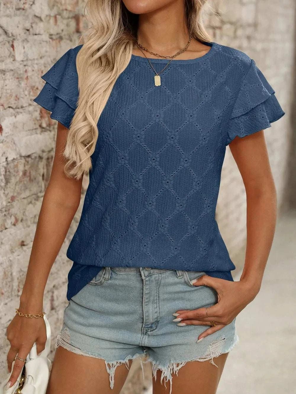 Eyelet Round Neck Double Layered Ruffled Short Sleeve Top - StyleLure