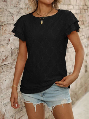 Eyelet Round Neck Double Layered Ruffled Short Sleeve Top - StyleLure