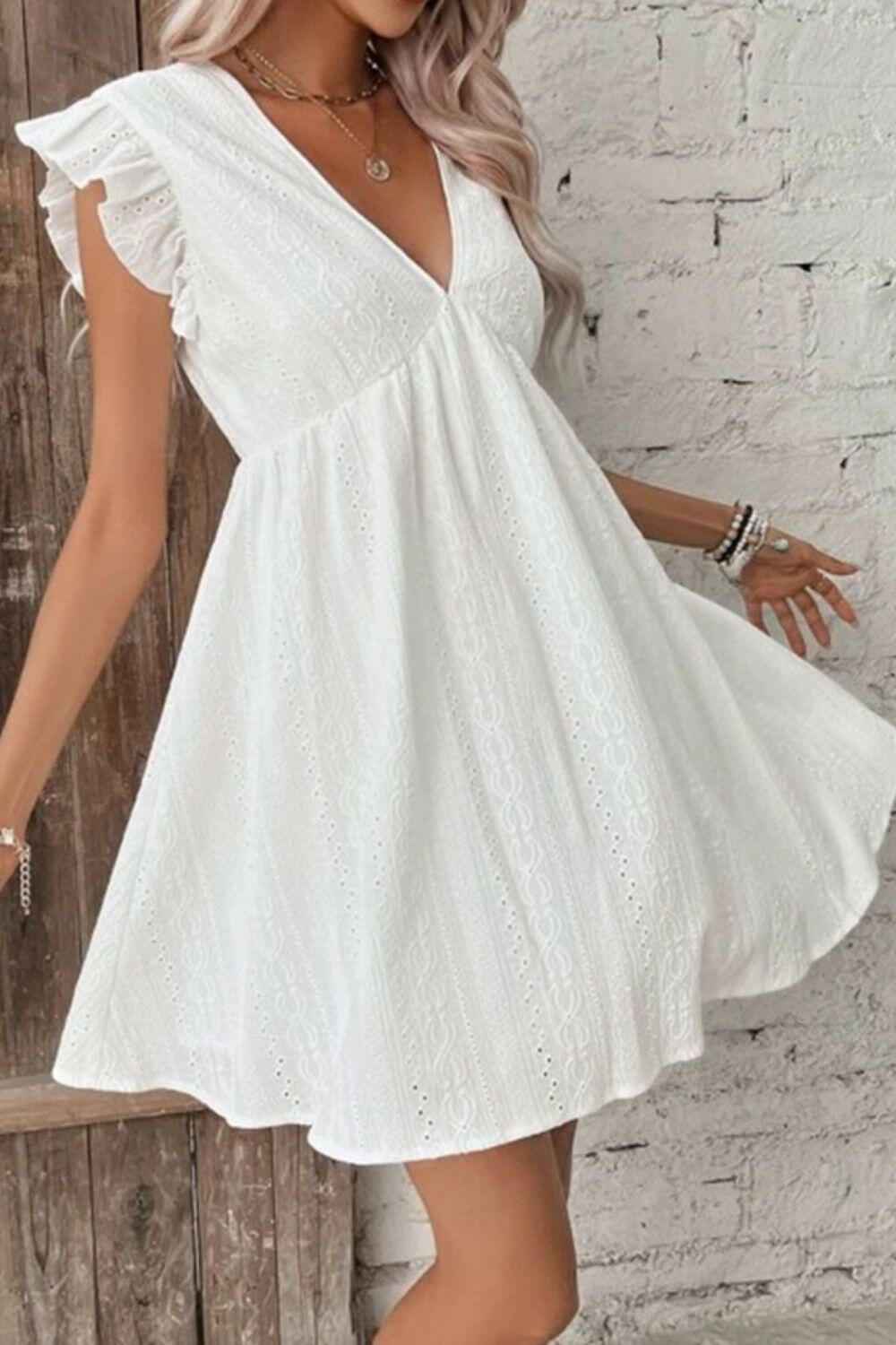 Eyelet Ruffled Cap Sleeve Mini Dress - StyleLure