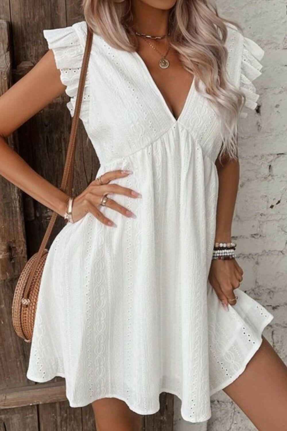 Eyelet Ruffled Cap Sleeve Mini Dress - StyleLure