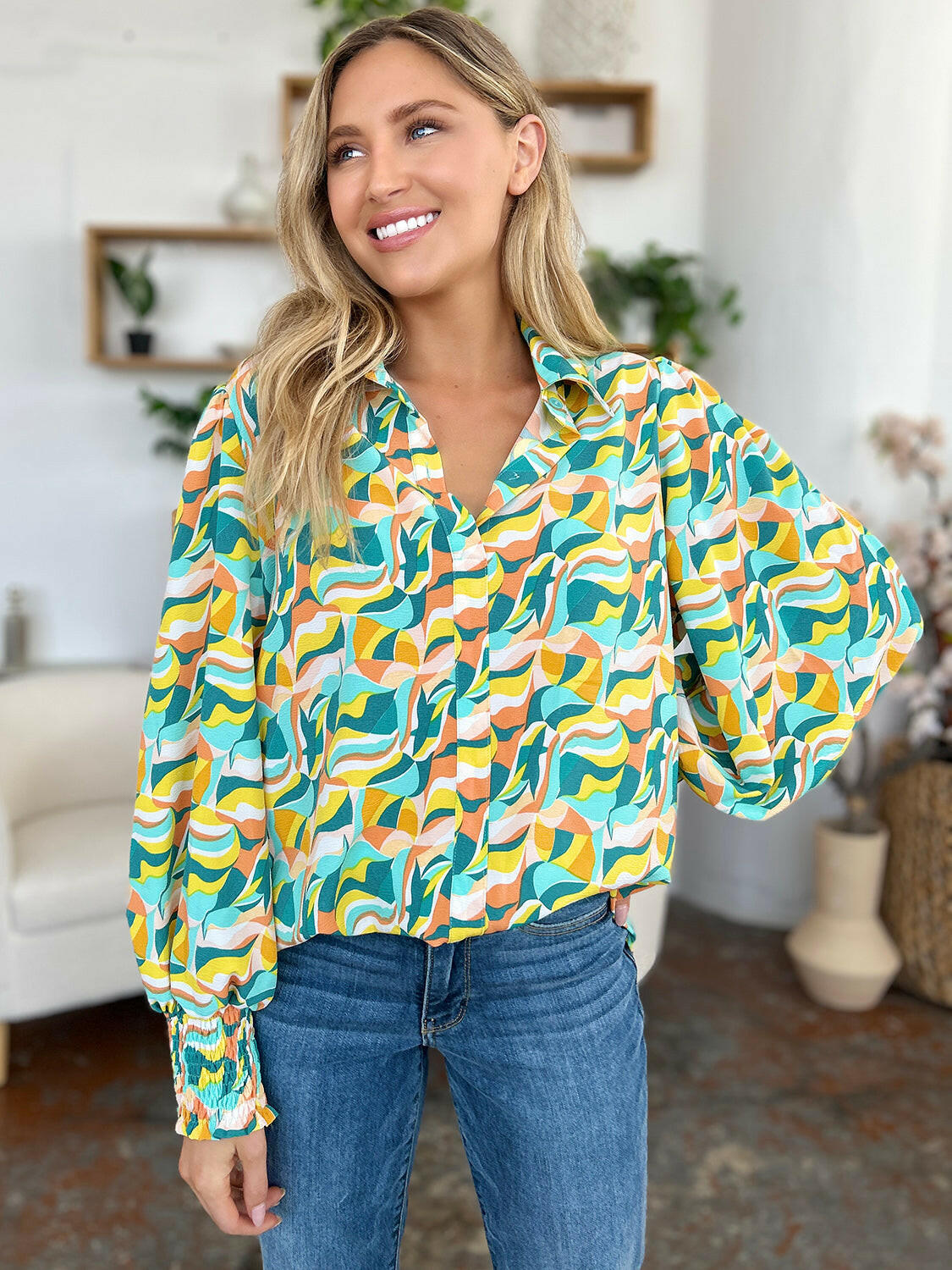 Double Take Full Size Printed Smocked Long Sleeve Blouse - StyleLure