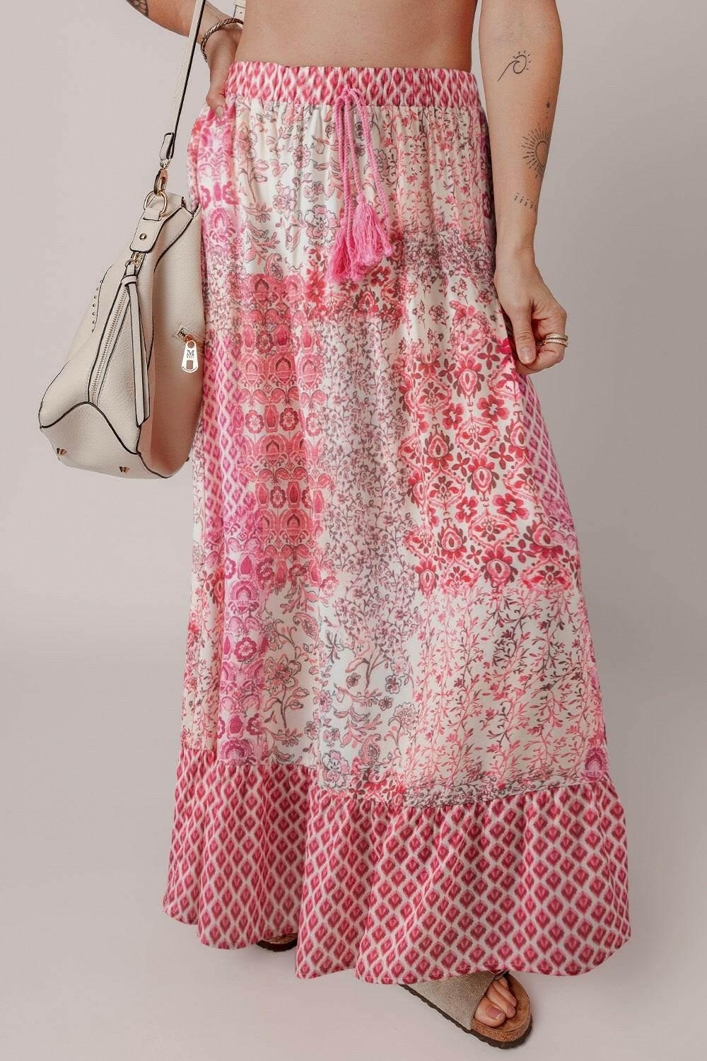 Printed Tassel Drawstring High Waist Maxi Skirt - StyleLure