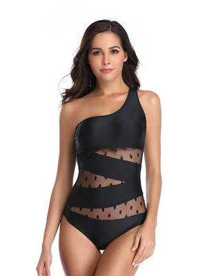 One Shoulder Polka Dot One-Piece Swimwear - StyleLure