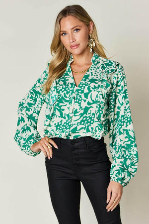 Double Take Full Size Printed Ruffle Trim Balloon Sleeve Shirt - StyleLure