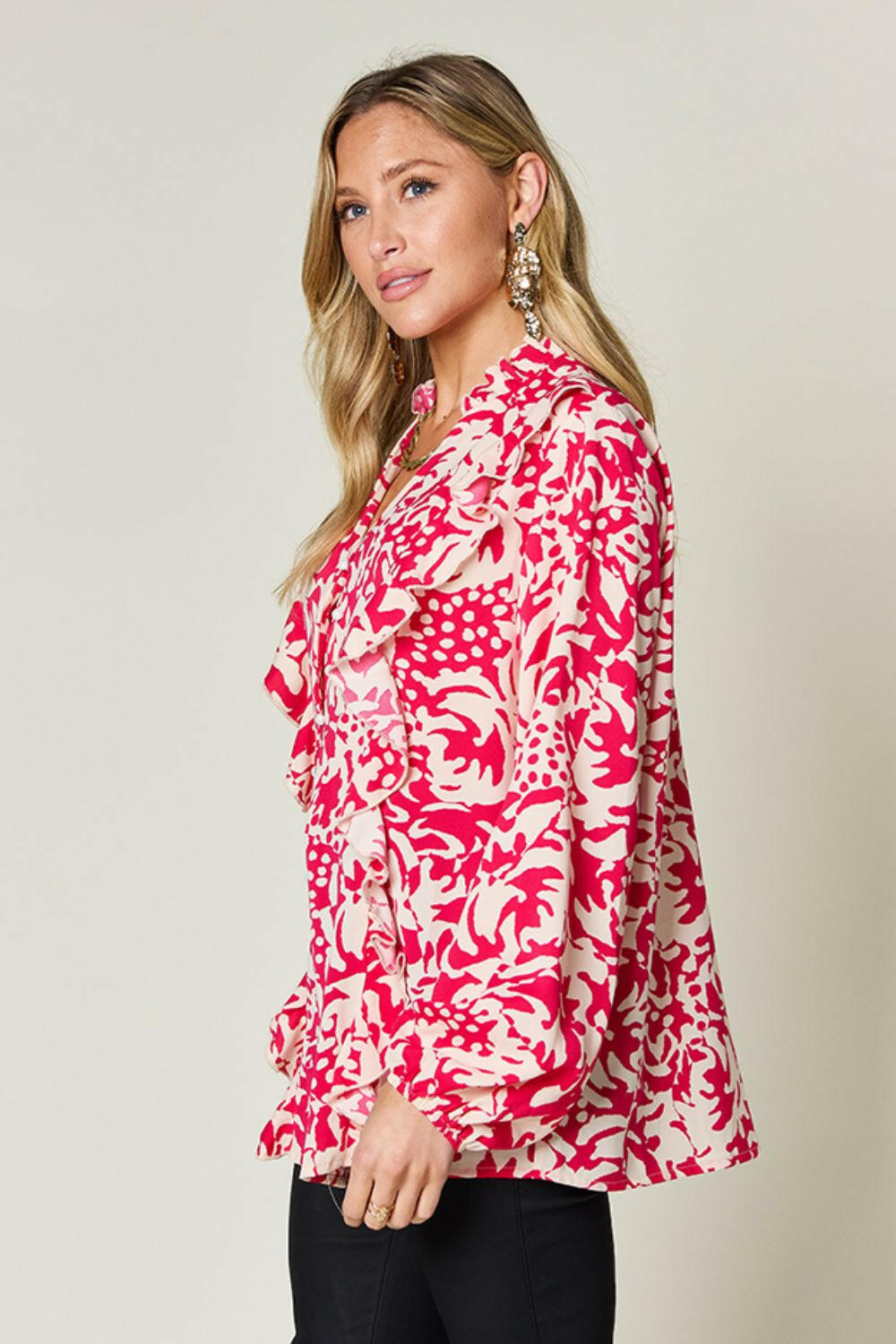 Double Take Full Size Printed Ruffle Trim Balloon Sleeve Shirt - StyleLure