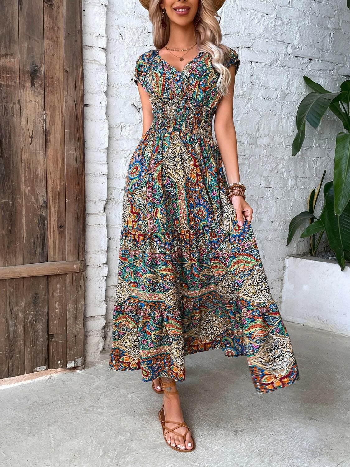 Honey Smocked Printed Cap Sleeve Midi Dress - StyleLure