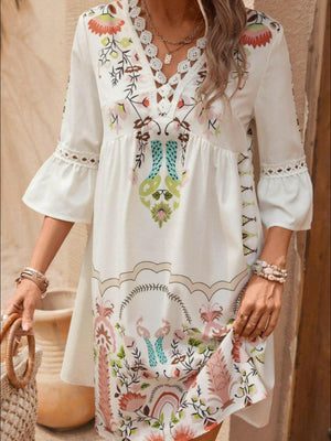 Lace Detail Printed Three-Quarter Sleeve Dress - StyleLure