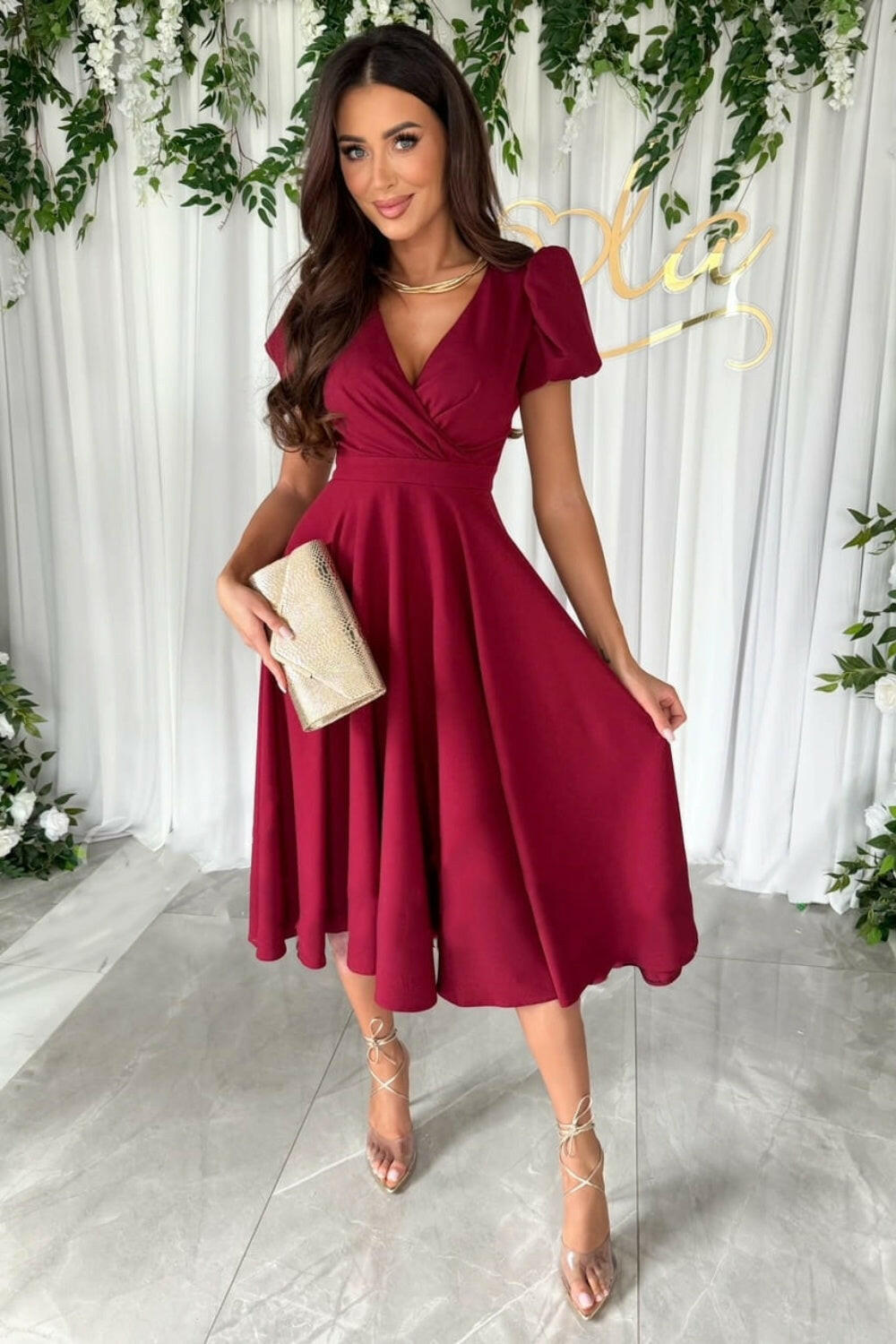 Surplice Puff Sleeve Midi Dress - StyleLure