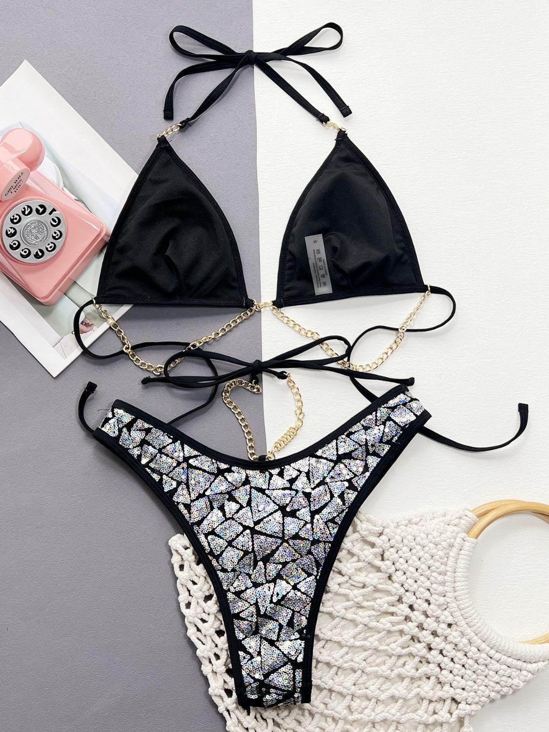 Sequin Halter Neck Two-Piece Bikini Set - StyleLure