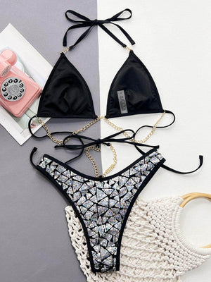 Sequin Halter Neck Two-Piece Bikini Set - StyleLure