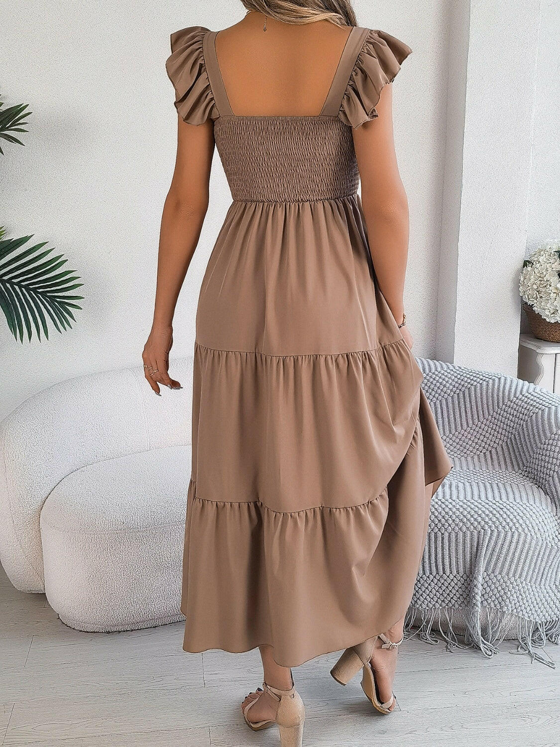 Smocked Square Neck Cap Sleeve Midi Dress - StyleLure