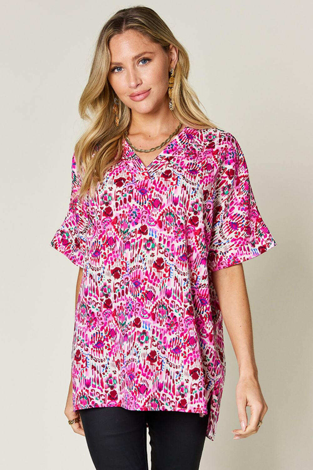 Double Take Full Size Printed V-Neck Short Sleeve Blouse - StyleLure
