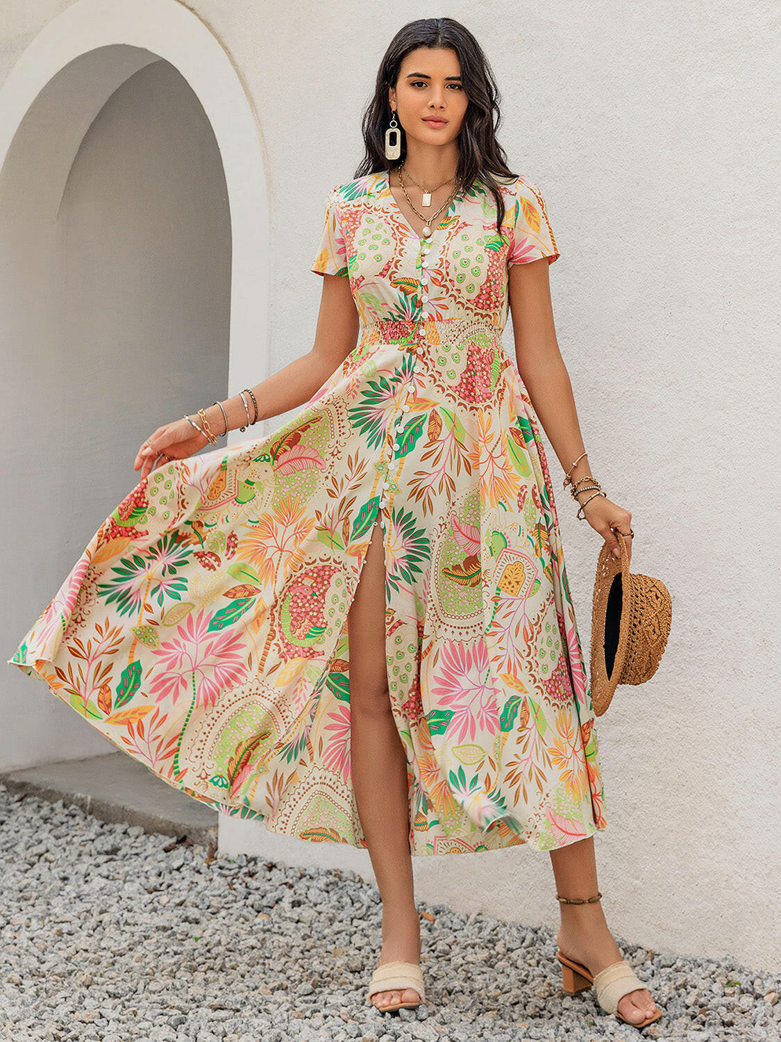 Printed V-Neck Short Sleeve Midi Dress - StyleLure