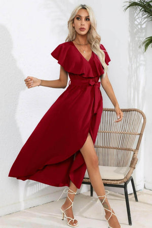 Ruffled Tied V-Neck Midi Dress - StyleLure
