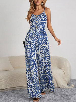 FAM - FAM Decorative Button Spaghetti Strap Wide Leg Jumpsuit - StyleLure