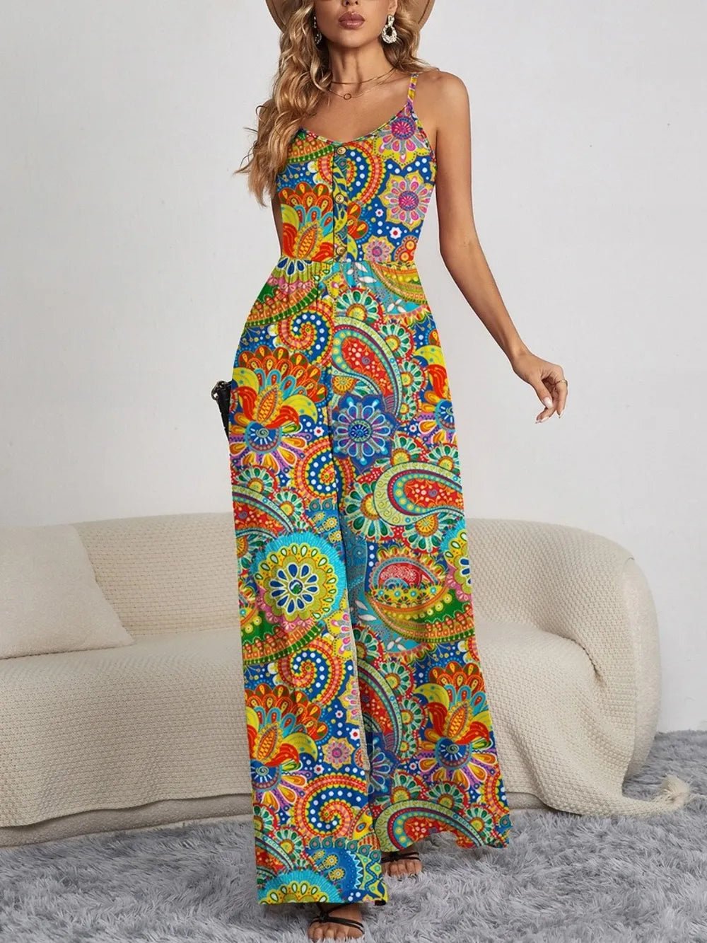 FAM - FAM Decorative Button Spaghetti Strap Wide Leg Jumpsuit - StyleLure