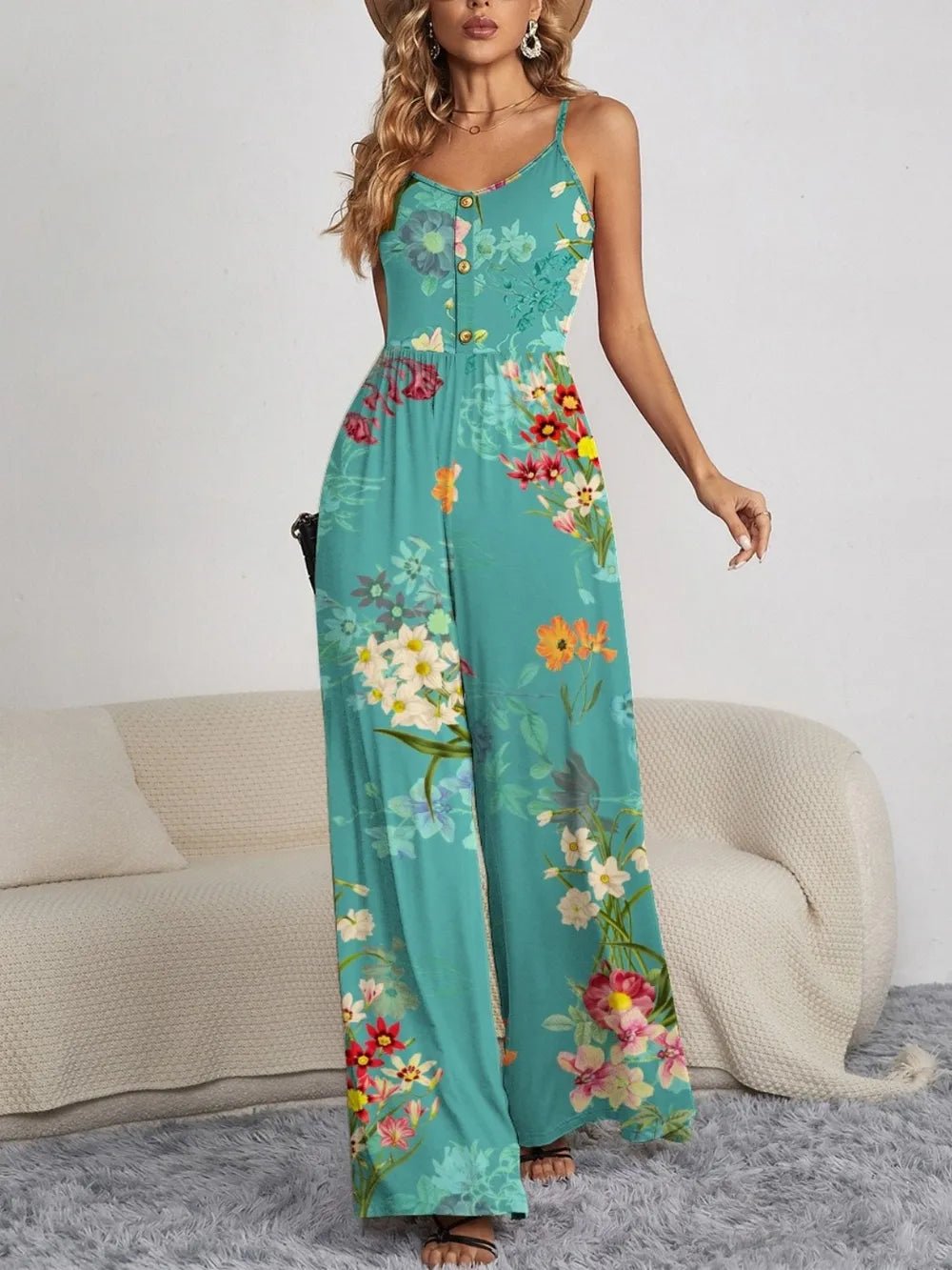 FAM - FAM Decorative Button Spaghetti Strap Wide Leg Jumpsuit - StyleLure