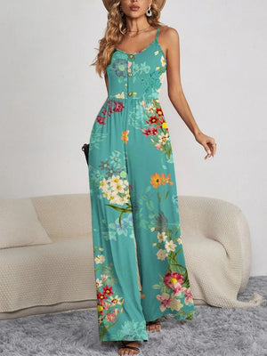 FAM - FAM Decorative Button Spaghetti Strap Wide Leg Jumpsuit - StyleLure