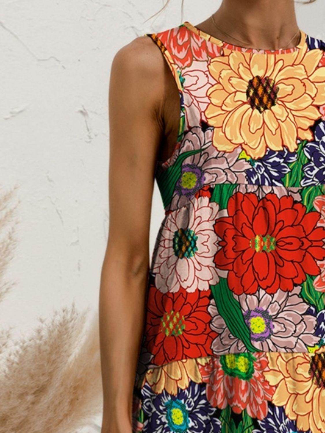 FAM - FAM Tiered Printed Round Neck Sleeveless Dress - StyleLure