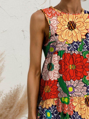 FAM - FAM Tiered Printed Round Neck Sleeveless Dress - StyleLure